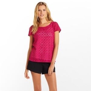 Lily Pulitzer Floral Eyelet Lace Short Sleeve Blouse in Hot Pink